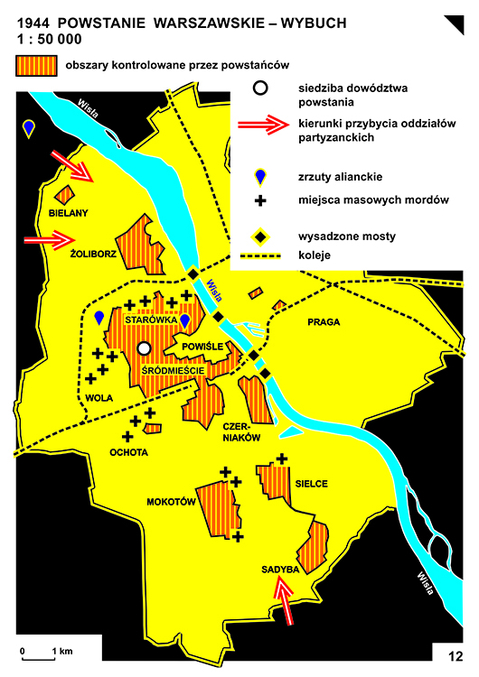 Mapa - Powstanie warszawskie - wybuch (1944)